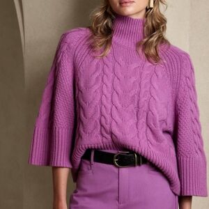 Banana Republic Cavo Flare-Sleeve Cropped Sweater Sz M Cable Knit Purple Dawn.